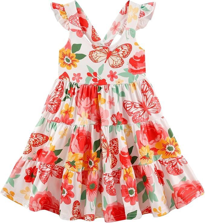 Girls' floral print dress with ruffled sleeves in coral and white pattern.