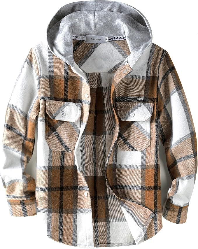 Plaid shacket in brown and cream tones with front pockets and button closure.
