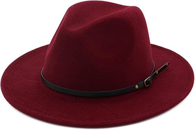 Classic burgundy wide brim fedora hat with black leather band detail.
