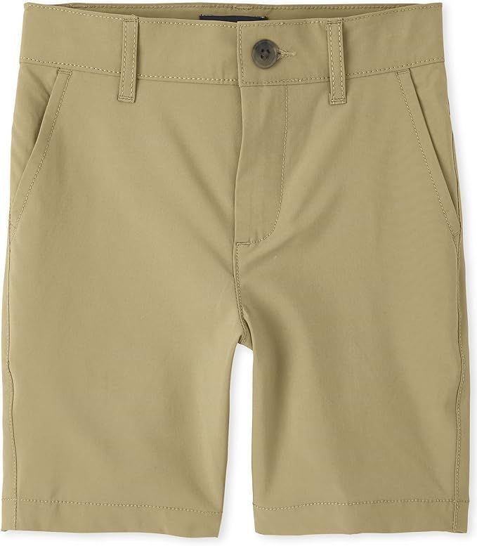 Khaki flat-front chino shorts for children displayed in multiple angles.