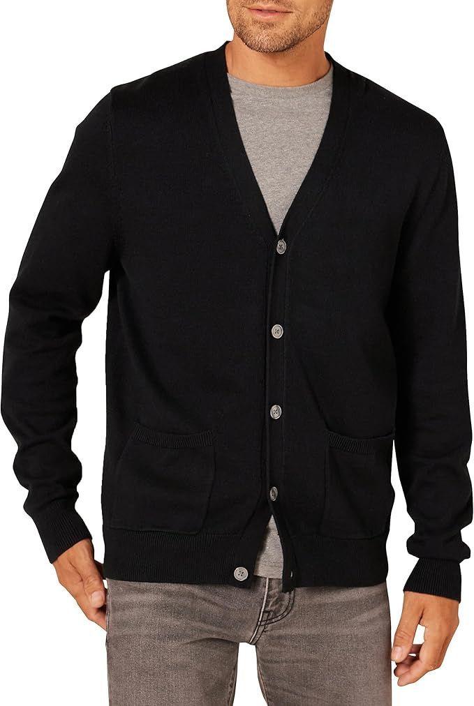 Black cardigan sweater with buttons shown in multiple views against white background.