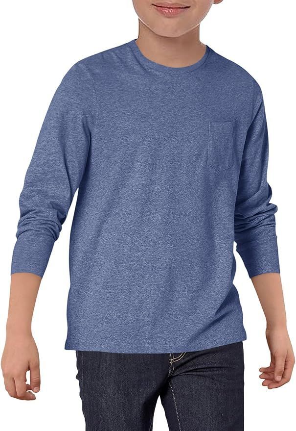 Blue heathered t-shirt displayed in multiple angles showing classic crew neck design.