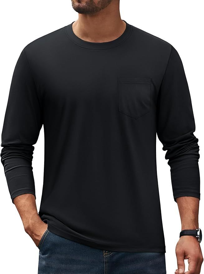 Simple black long sleeve crewneck t-shirt with chest pocket.
