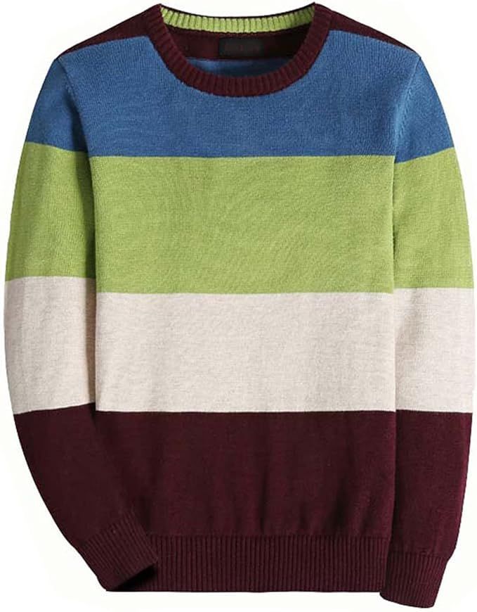 Colorblock sweater in burgundy, white, green and blue stripes with crew neckline.