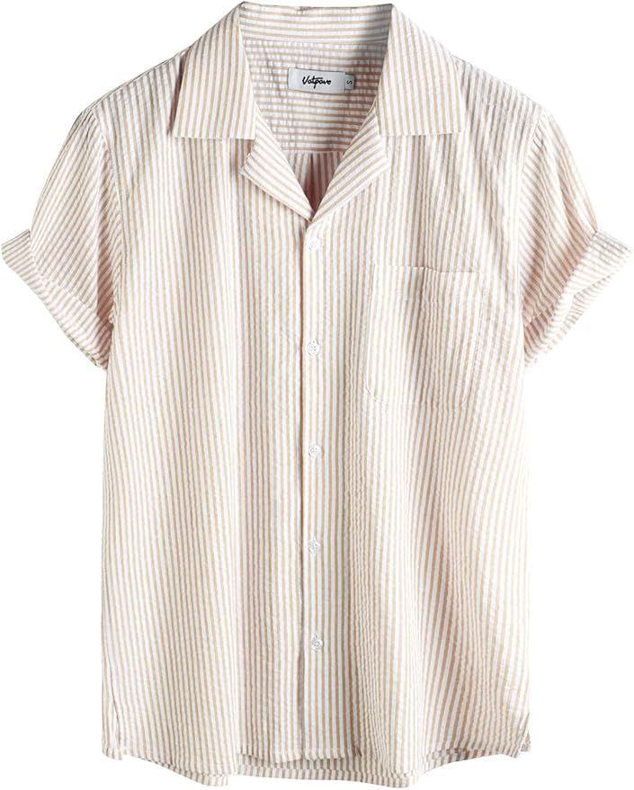 Classic striped short-sleeve button-down shirt in beige and white.