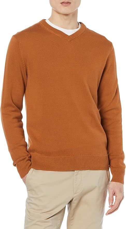 Classic rust-colored v-neck sweater with ribbed trim details.