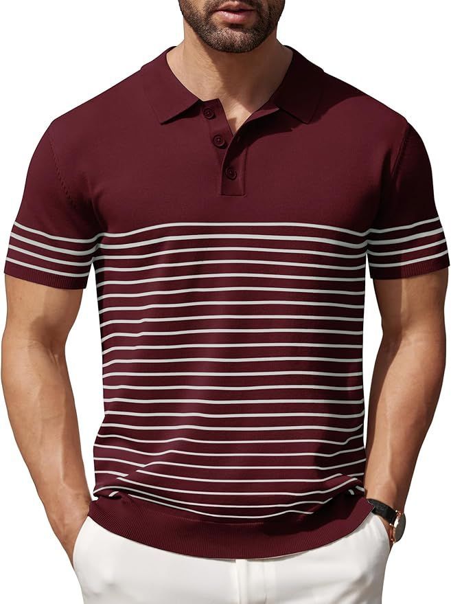 Burgundy striped polo shirt with contrast white stripes and short sleeves.