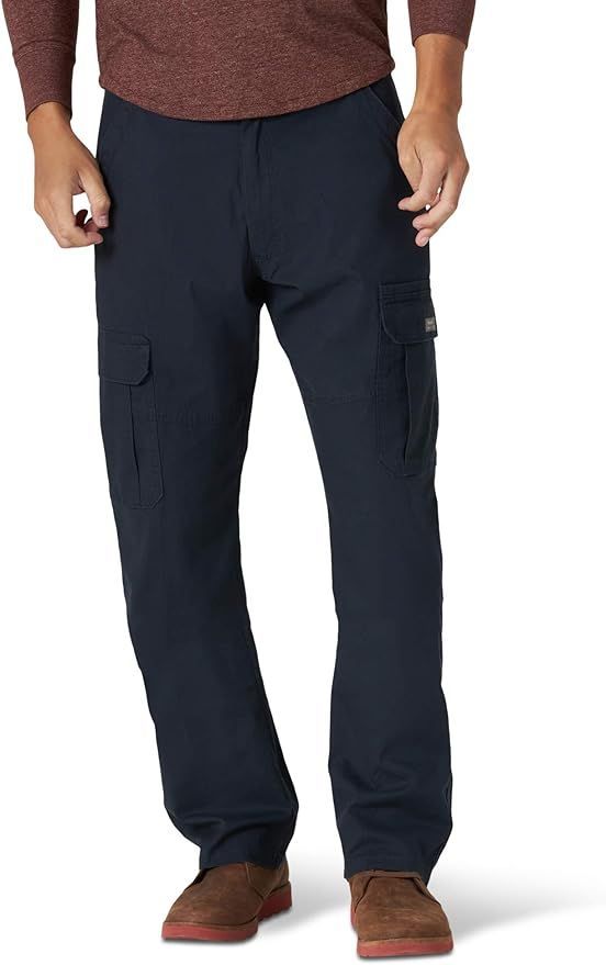 Navy blue cargo pants with side pockets shown on model from different views.