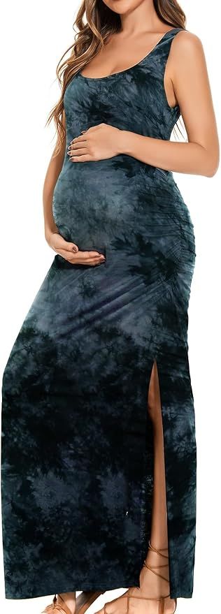 Sleeveless tie-dye maternity maxi dress in navy blue with side slit and ruched design for pregnancy wear.