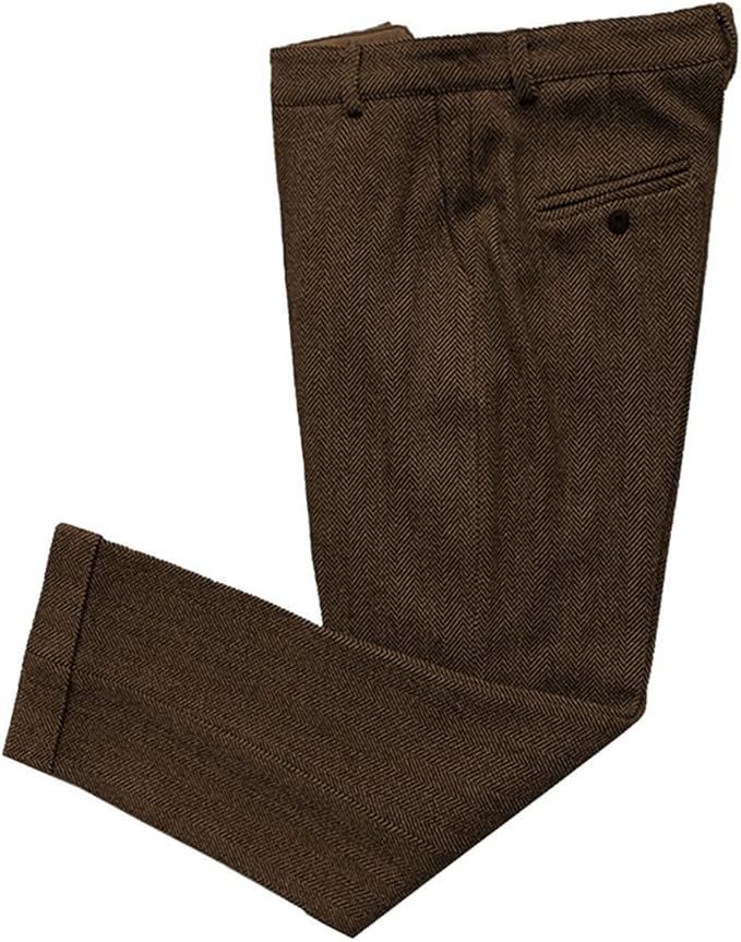 Brown dress pants with pleated front and side pockets in a classic tailored fit.
