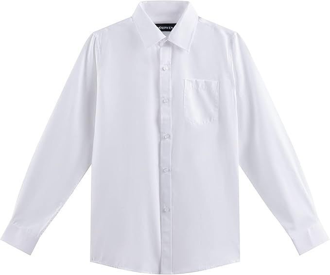 White long sleeve button-down dress shirt shown in multiple views.