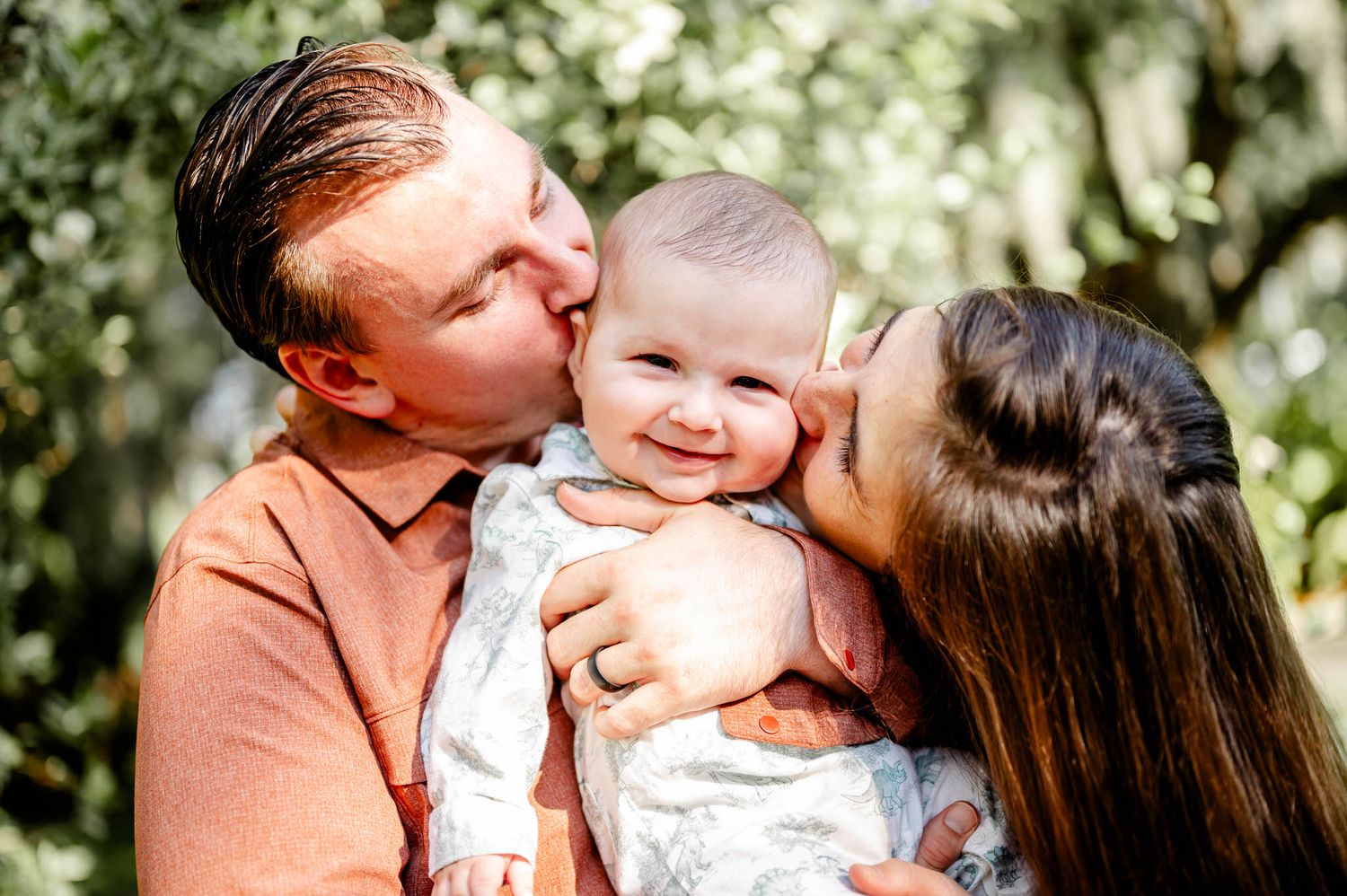 A loving family shares tender moments together outdoors in a series of candid photos.
