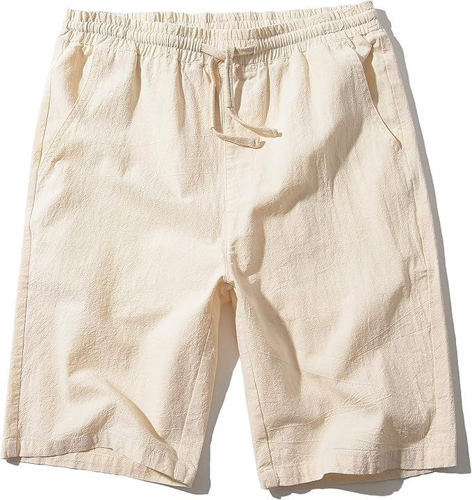 Casual off-white linen shorts with elastic waistband shown in multiple views.