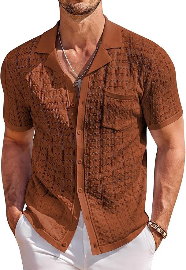 Textured brown short-sleeve button-up shirt displayed in multiple views.