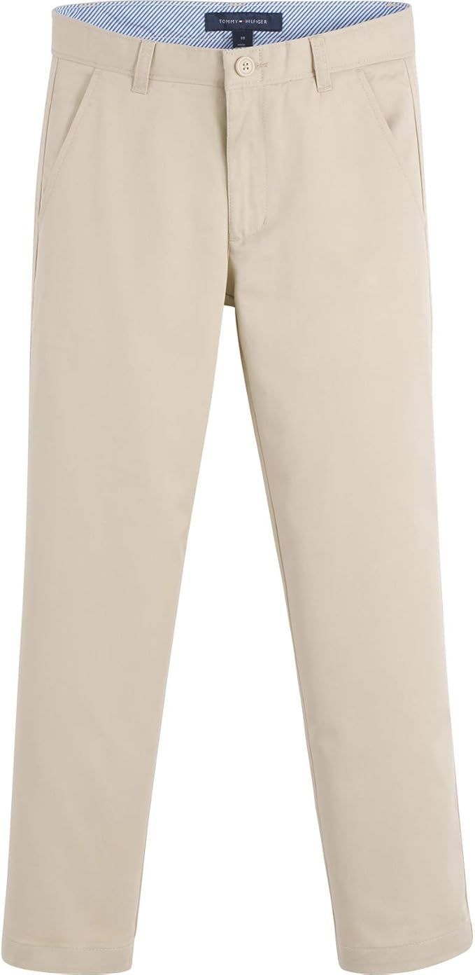 Khaki colored casual chino pants with a classic straight-leg cut and front pockets.