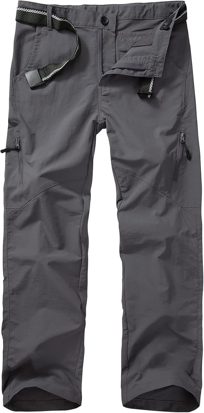 Gray tactical hiking pants with cargo pockets and adjustable waistband for outdoor activities.