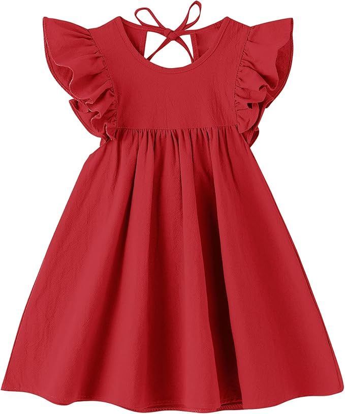 Red flutter sleeve baby dress with ruffle details and tie back design.