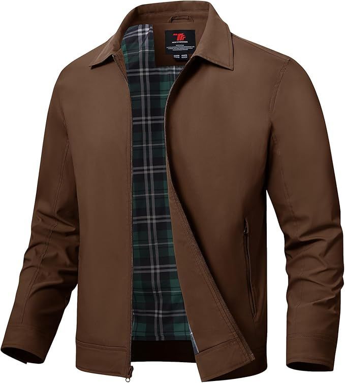 Classic brown bomber jacket with plaid lining and zip front closure.