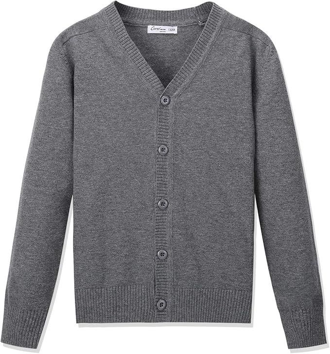 Classic gray v-neck cardigan sweater with button front closure.