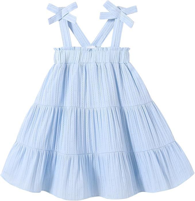 Light blue tiered cotton sundress with bow shoulder straps for girls.