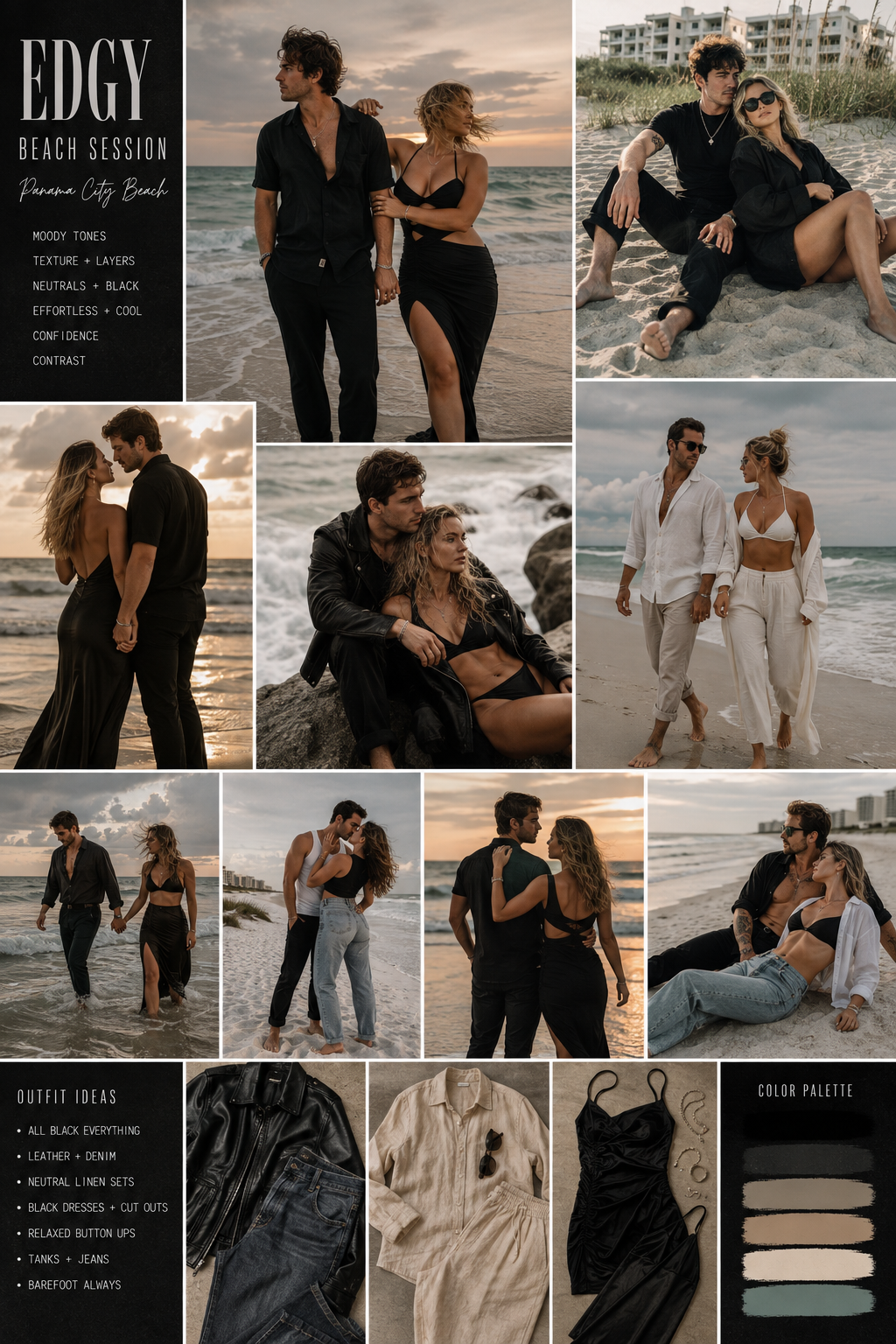 Edgy beach session mood board featuring couples in black and neutral outfits at Panama City Beach with moody tones.