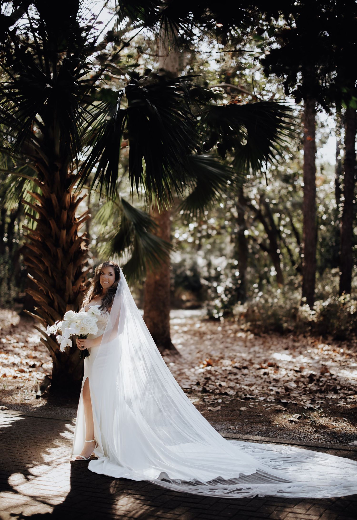 A bride in a flowing white wedding dress with a long cathedral veil poses in a wooded outdoor setting.