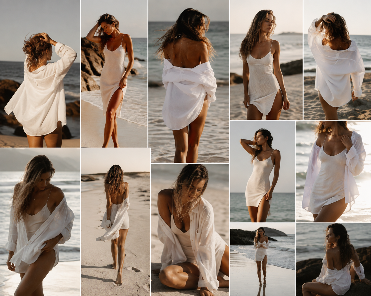 Woman in white dress poses gracefully on a sunny beach with ocean waves in the background.
