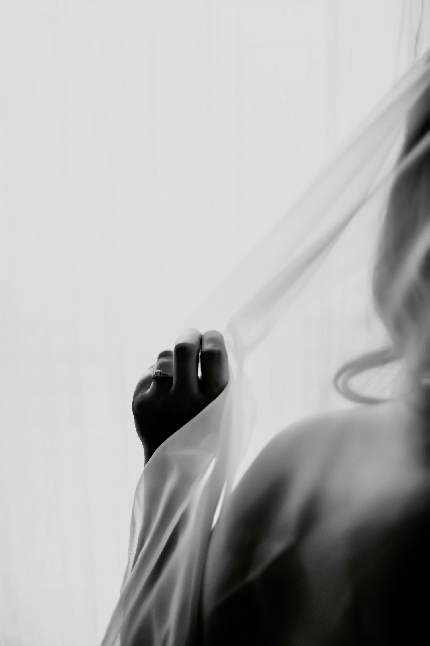 Blurry black and white abstract photograph showing silhouettes of hands behind a translucent fabric or veil.