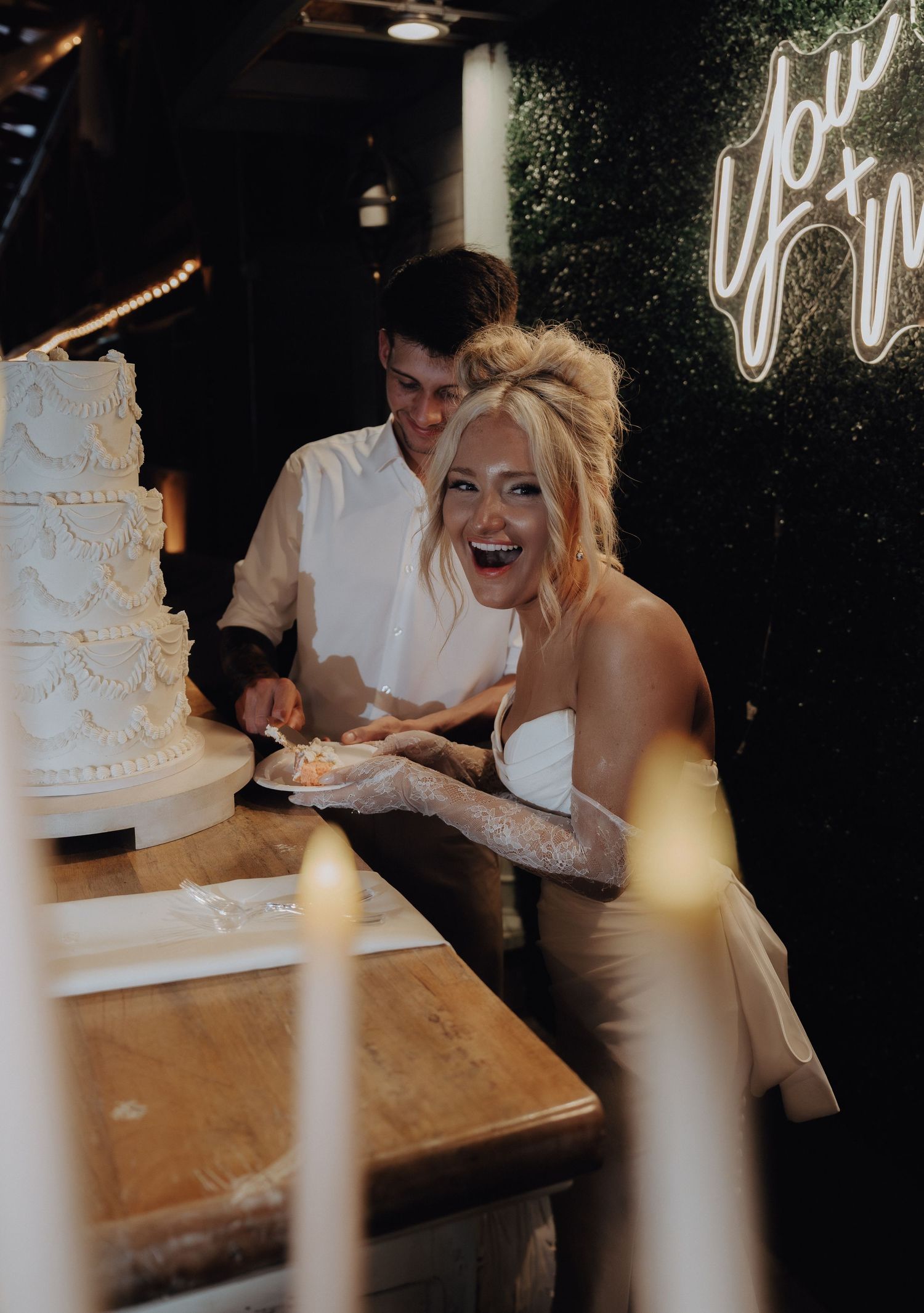 A candid sequence shows a couple sharing laughter and joyful moments at a restaurant table during an evening gathering.