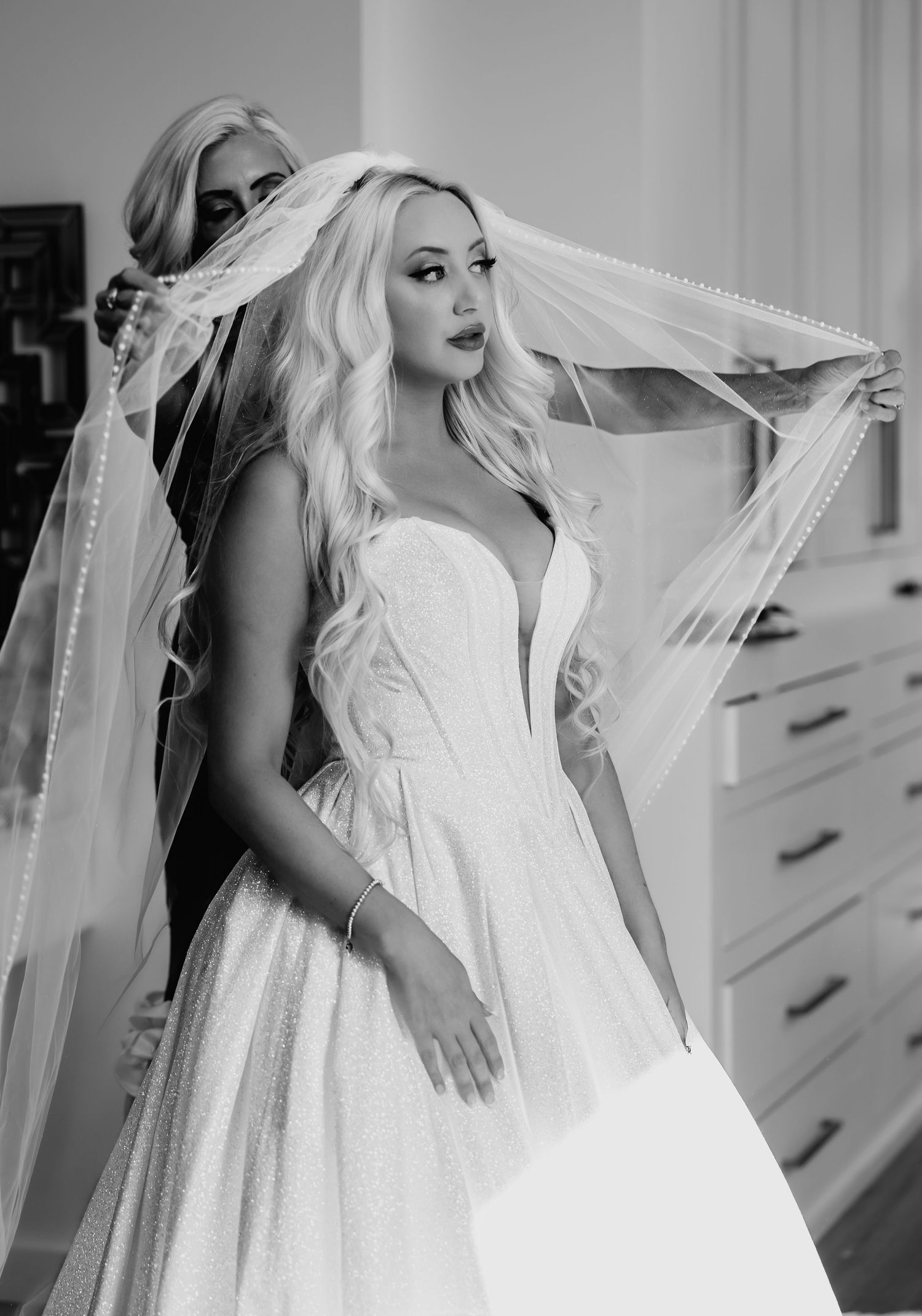 Black and white bridal portraits featuring a woman in a white wedding gown and veil in an elegant indoor setting.
