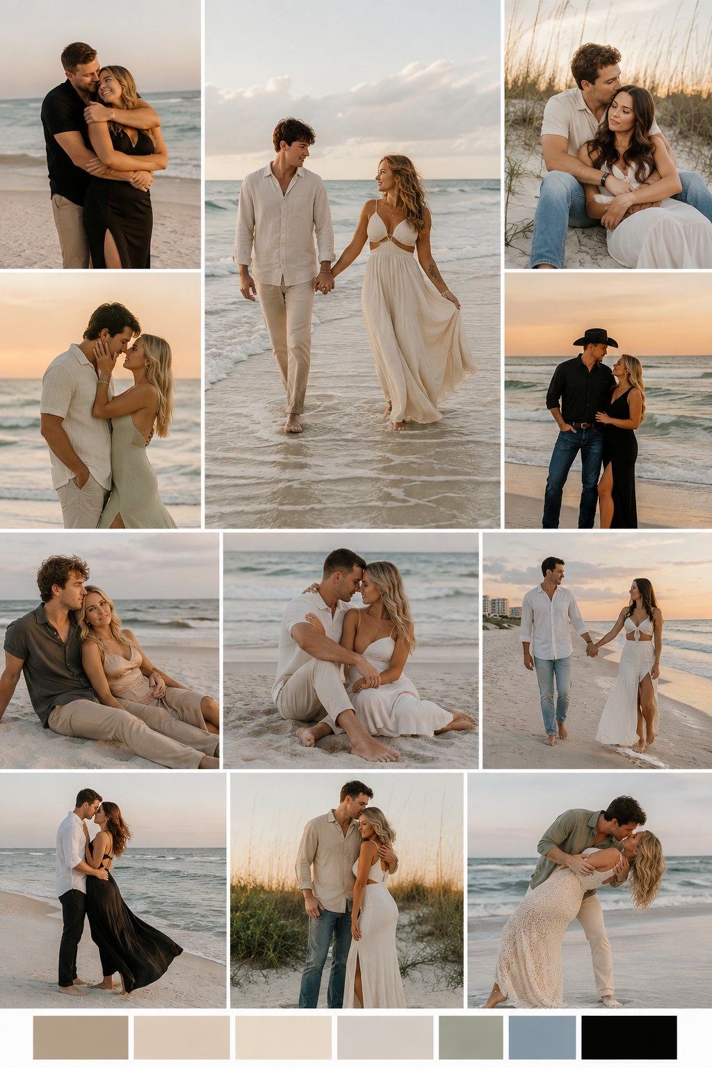 Romantic couples beach photography collage featuring golden hour portraits on sandy shores with ocean waves at sunset.
