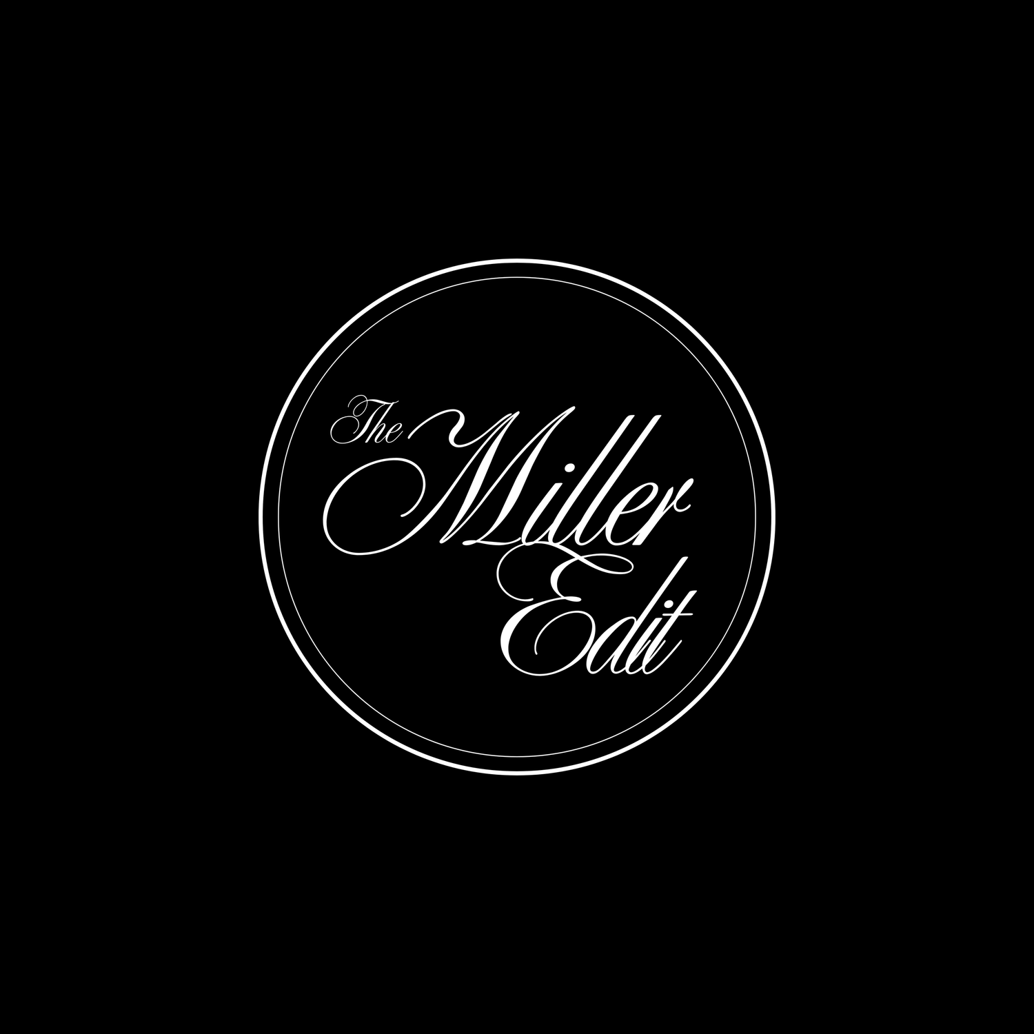 Four black rectangular panels with elegant white cursive text displaying different variations of 'Miller' and 'The Edit' logos.