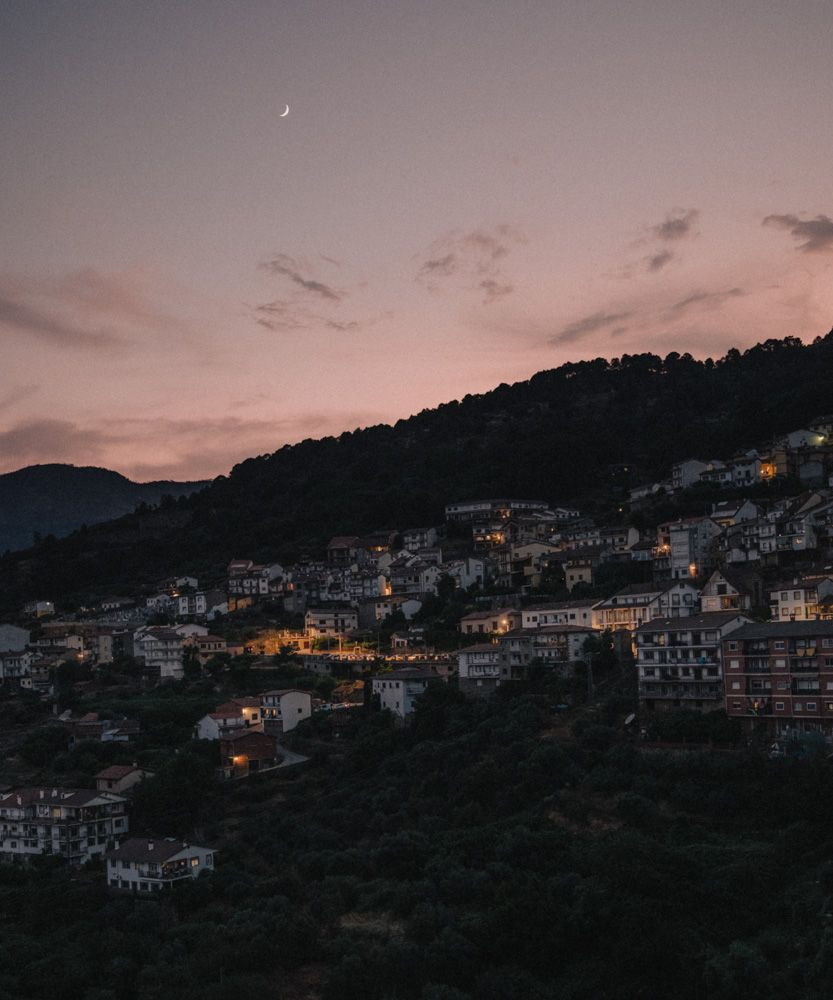 Hillside village illuminated at dusk with crescent moon in pink sky.