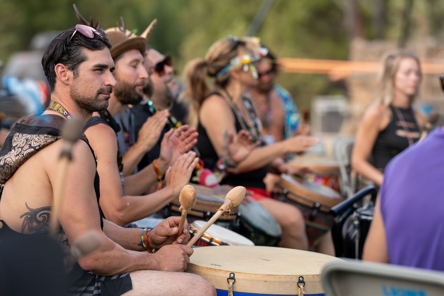 Drum circle at Wicked woods 2025 artist photography at event by mike graves Revelstoke BC event photographer, music festival photography,