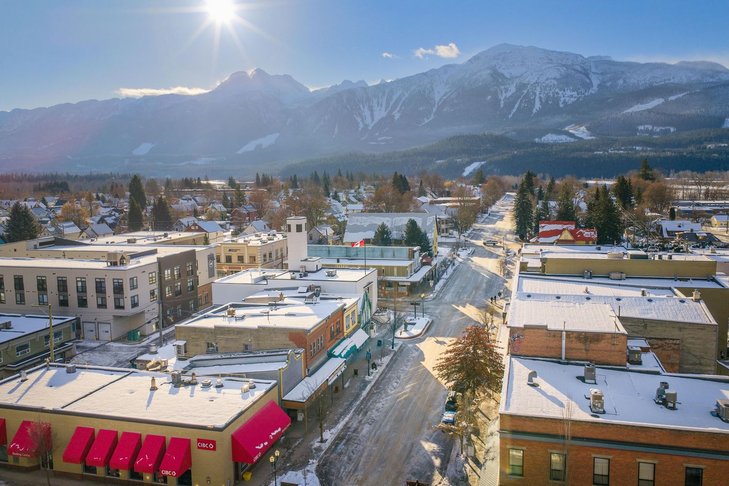 Downtown Revelstoke beautiful sunny day drone photography by mike graves Revelstoke videography services, professional video production, cin