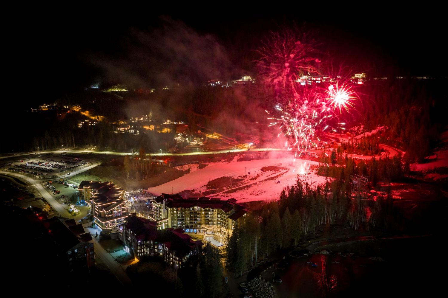 Revelstoke Mountain Resort Winter Night Drone photography fireworks for new years eve and family day celebrtation events