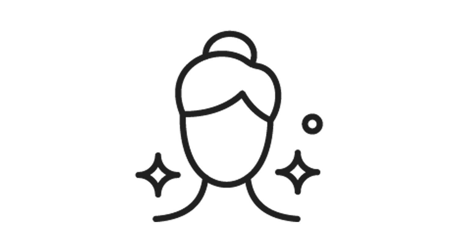 black and white figural line drawing skincare icon of a woman's face and hair with little sparkles around her head