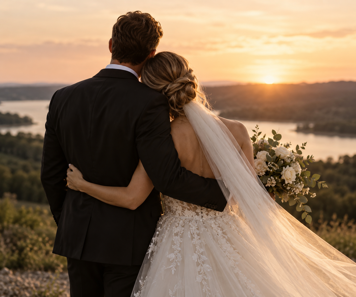 Bride and groom embracing from behind while overlooking a scenic valley at sunset, she wears a lace gown with a long veil.