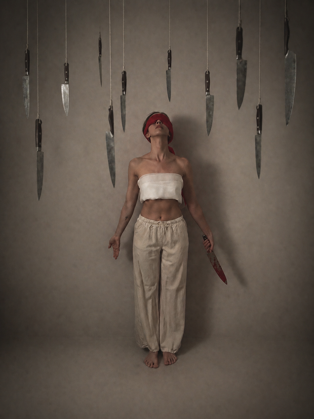 Blindfolded woman in a white top and loose pants holds a bloodied knife while kitchen knives hang from above.