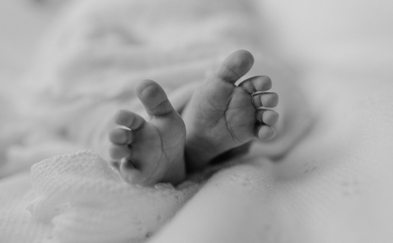 Close-up black and white photo of a newborn baby's tiny feet resting on a soft white blanket.
