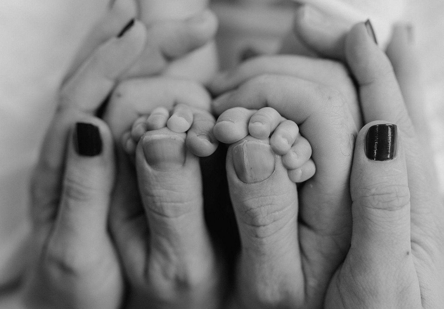 Black and white photo of tiny newborn baby feet cradled gently in adult hands with dark painted nails.
