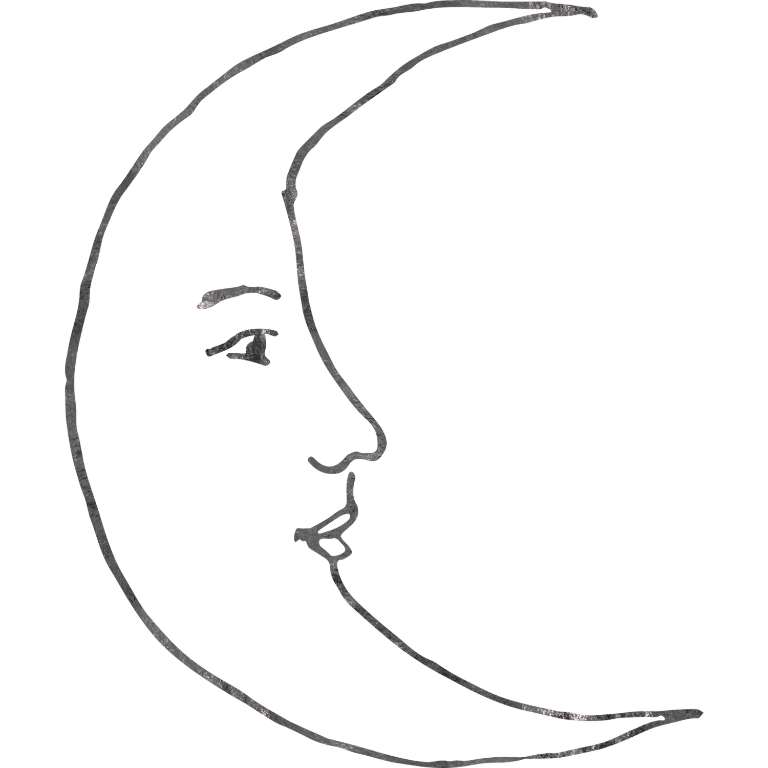 Hand-drawn sketch of a crescent moon with a serene human face profile.