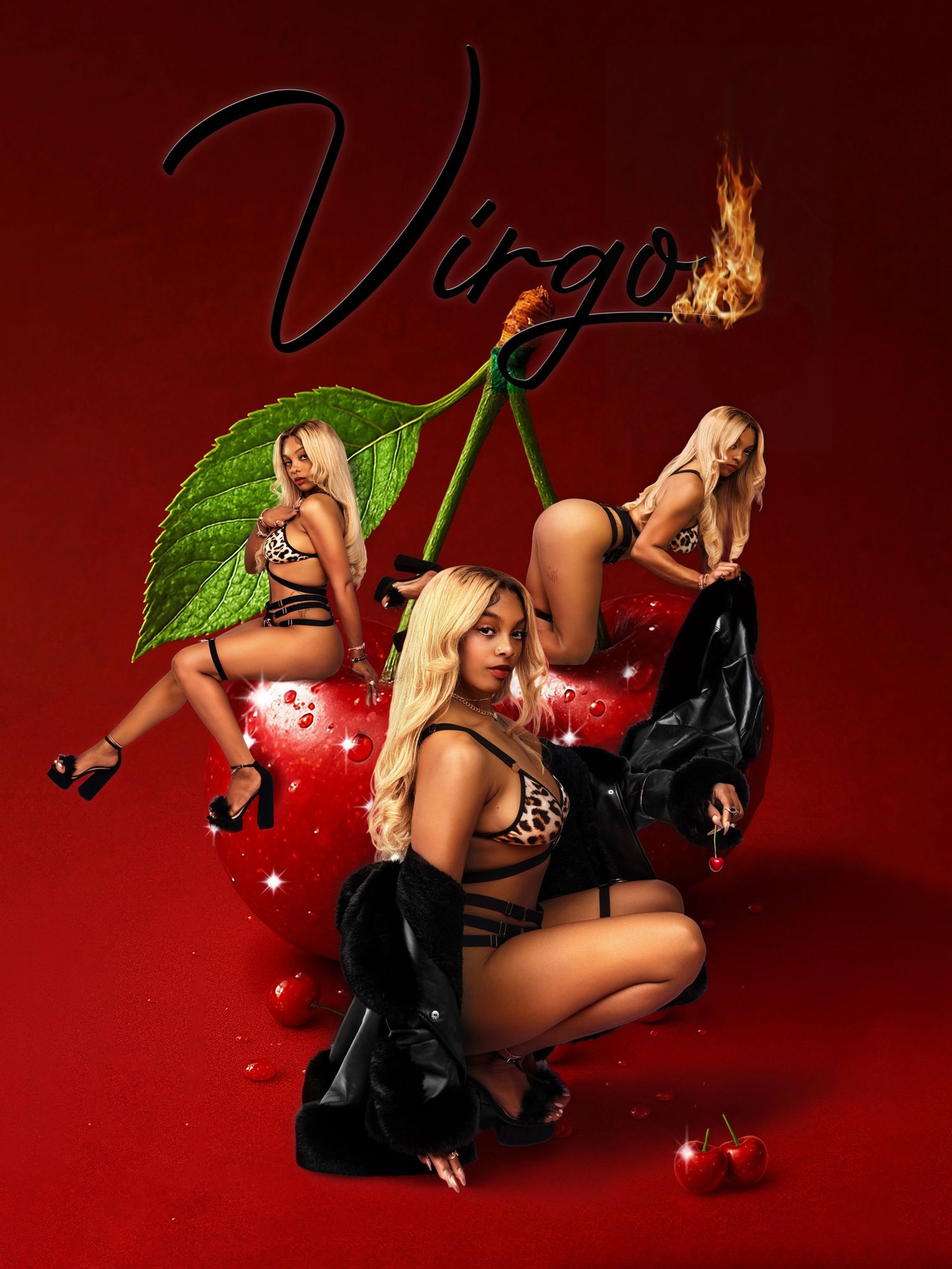 A provocative model poses with a red background and black leather boots in a sensual artistic photo series.