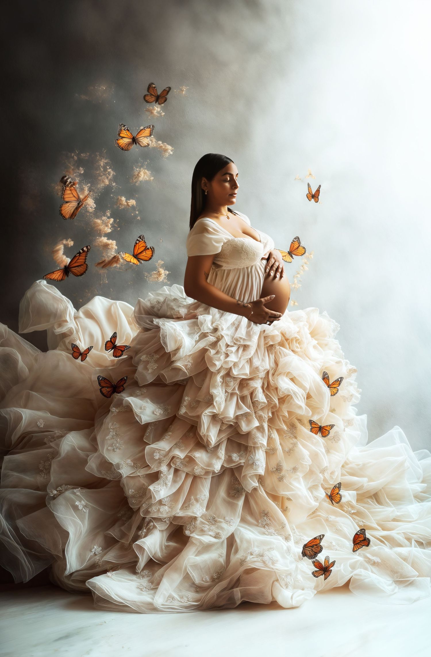 A dreamy sequence shows a figure in a flowing cream gown surrounded by delicate monarch butterflies against a misty backdrop.