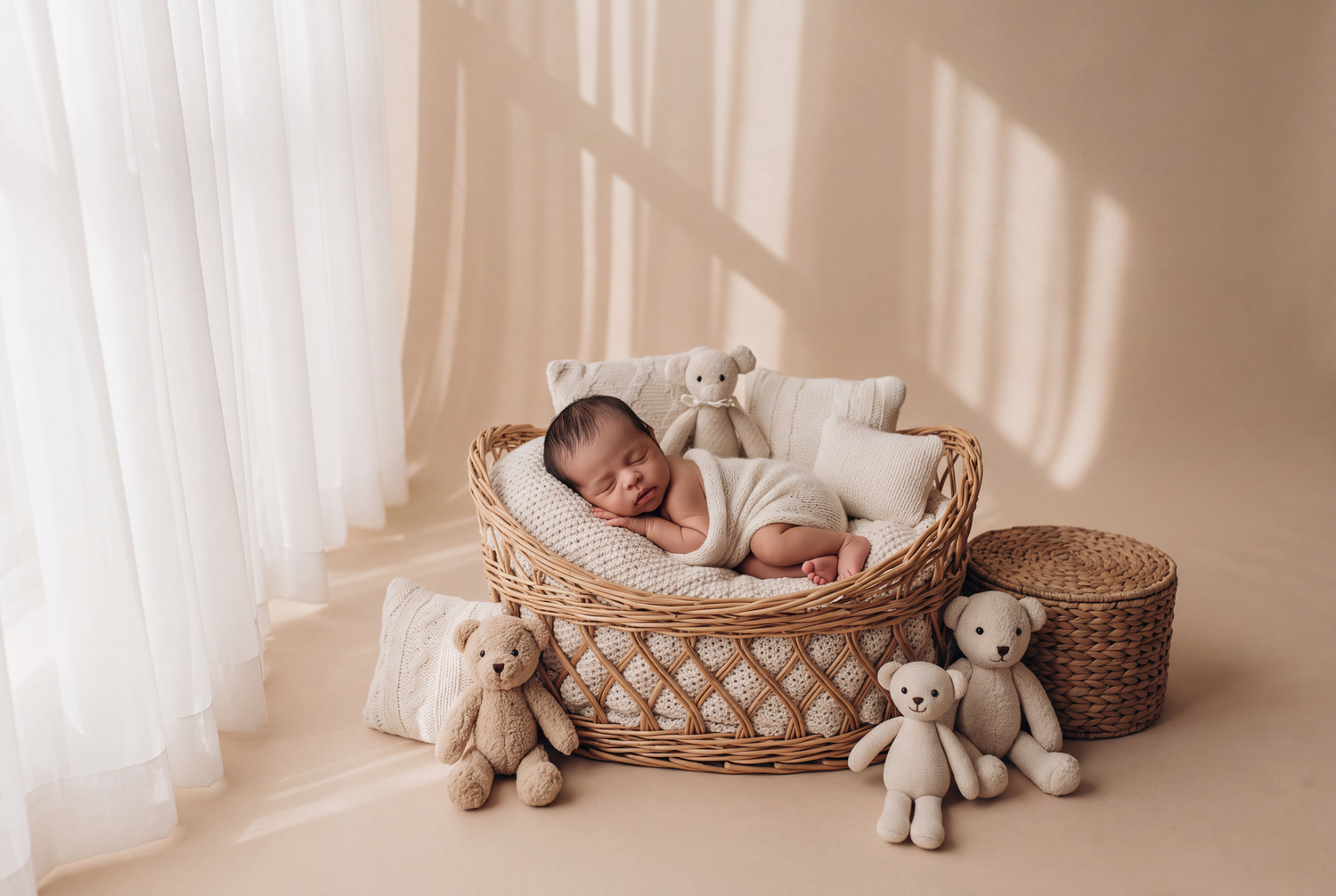 Newborn baby sleeping peacefully in a wicker bassinet surrounded by soft teddy bears in a warm, neutral-toned studio setting.