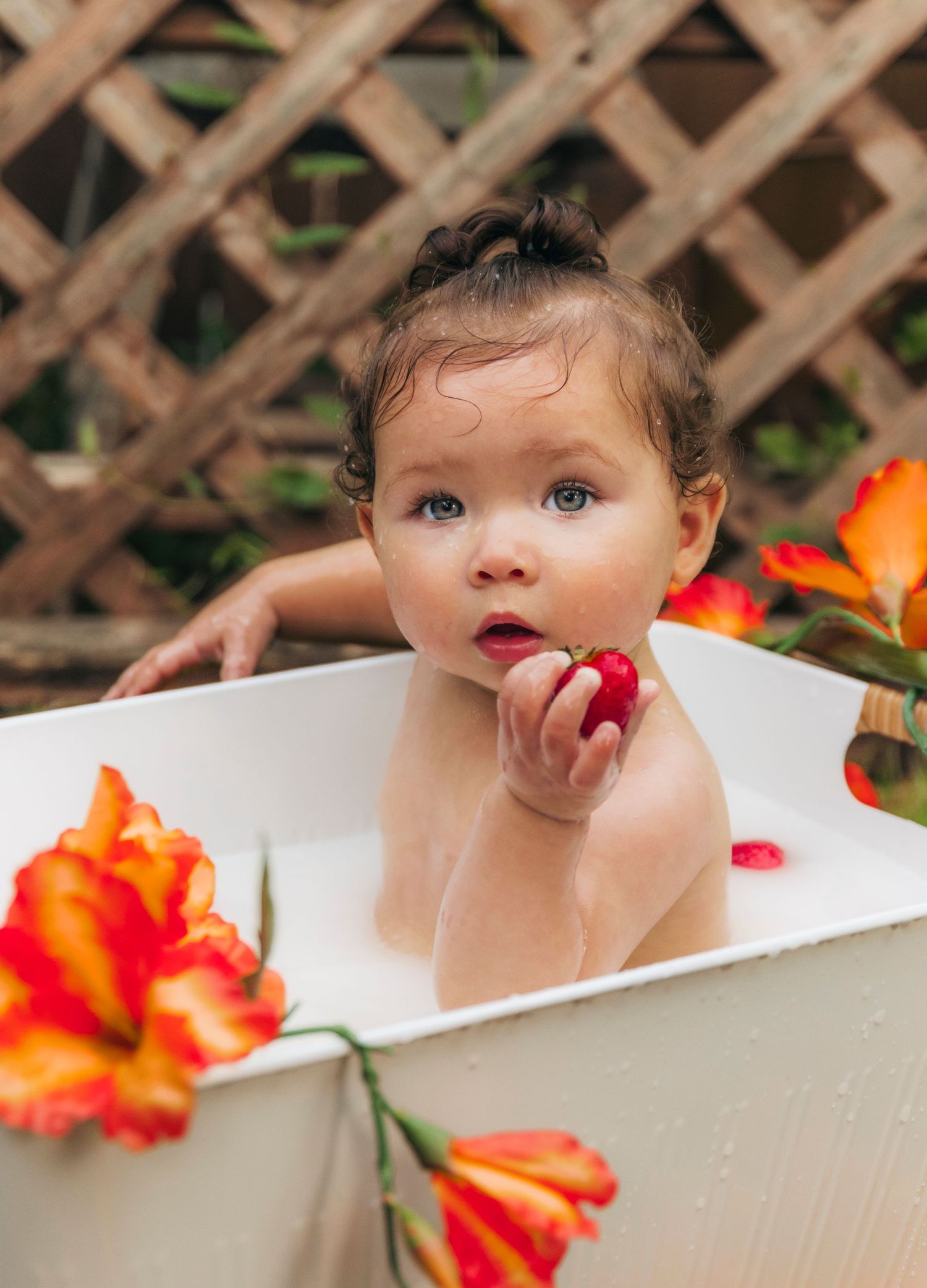 Sweet baby taking a bath outdoors with orange tulips and wooden lattice backdrop.