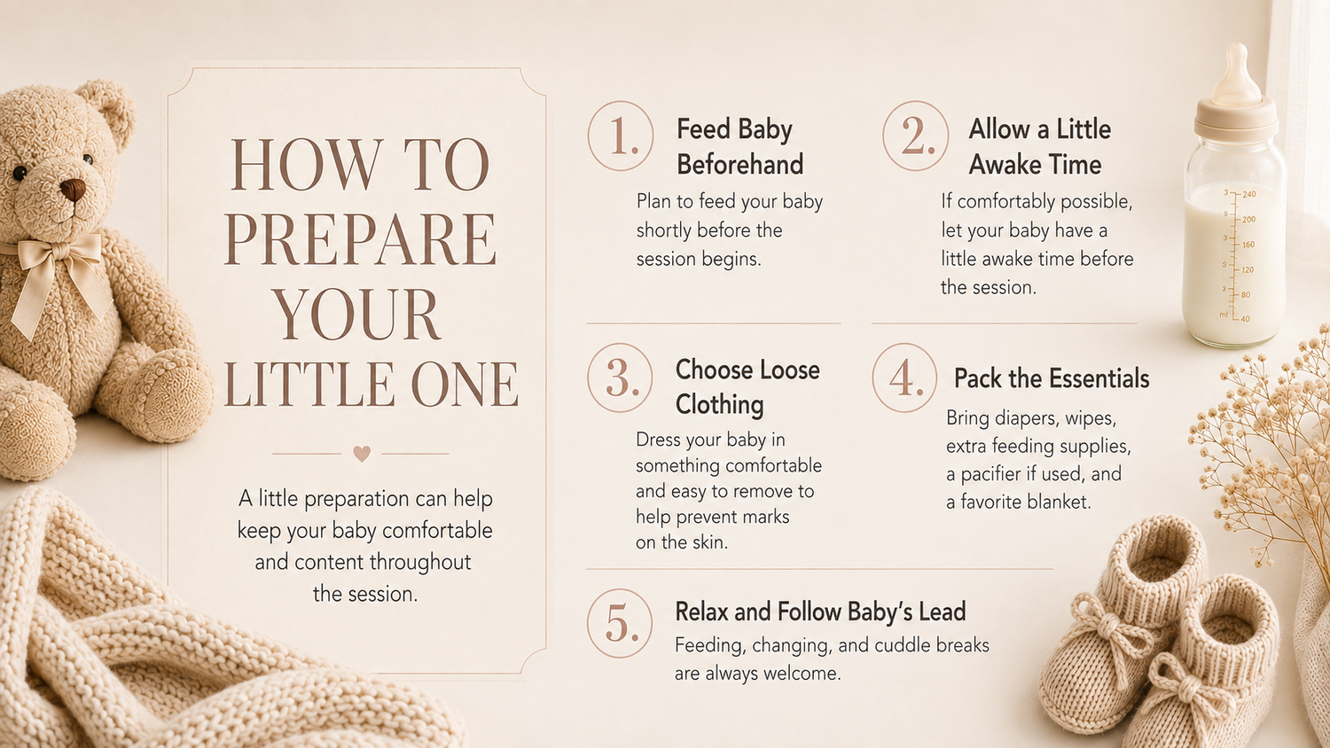 Pastel baby shower preparation guide with teddy bear, knit blanket, and booties showing tips for a comfortable newborn session.