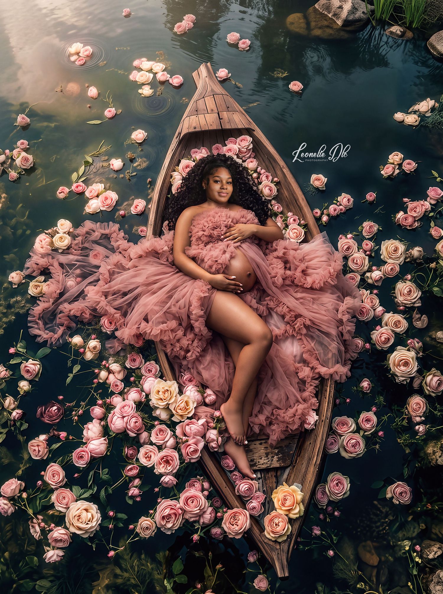 Pregnant woman in pink tulle gown lying in a wooden boat surrounded by pink roses on a serene water surface.