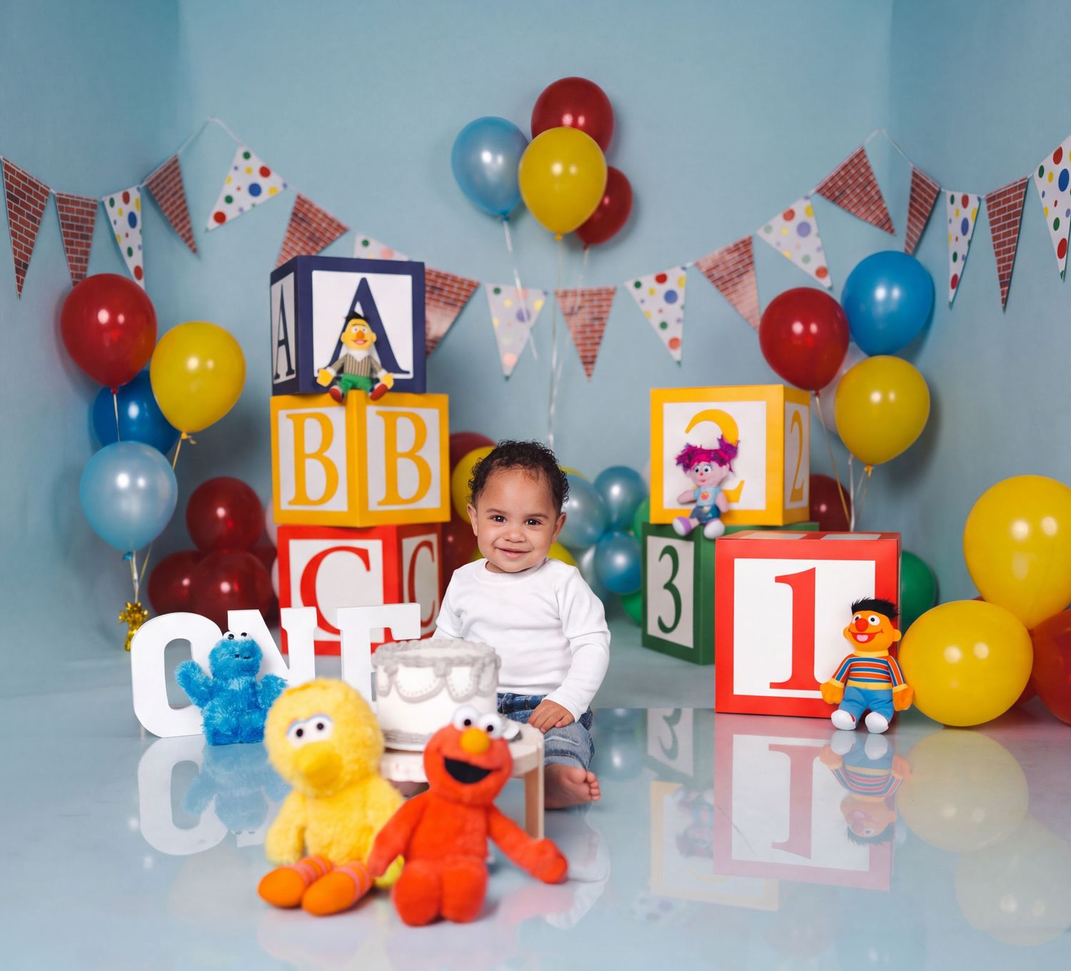 Baby's first birthday party with Sesame Street theme, colorful alphabet blocks, balloons, and Elmo, Big Bird, Cookie Monster plush toys.