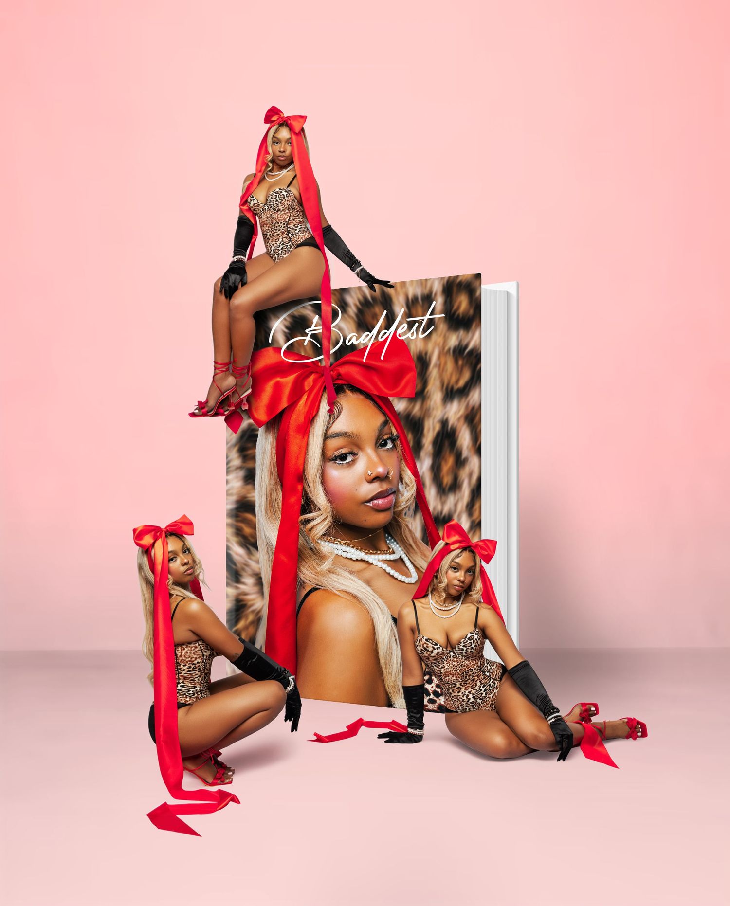 Athletic figure in gold metallic bodysuit and red ribbon poses gracefully against pink studio backdrop in artistic photo sequence.